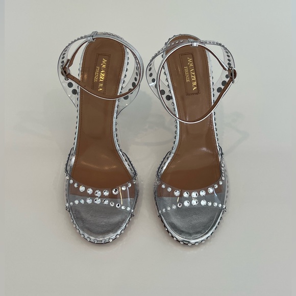 AQUAZZURA SILVER PVC LEATHER CRYSTAL SANDALS SIZE IT 38 / US 8 NEW IN BOX! - Picture 4 of 17